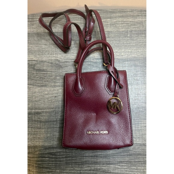 Michael Kors Handbags - Michael Kors Mercer Extra Small Pebbled Leather Crossbody Bag Burgundy Gold MK